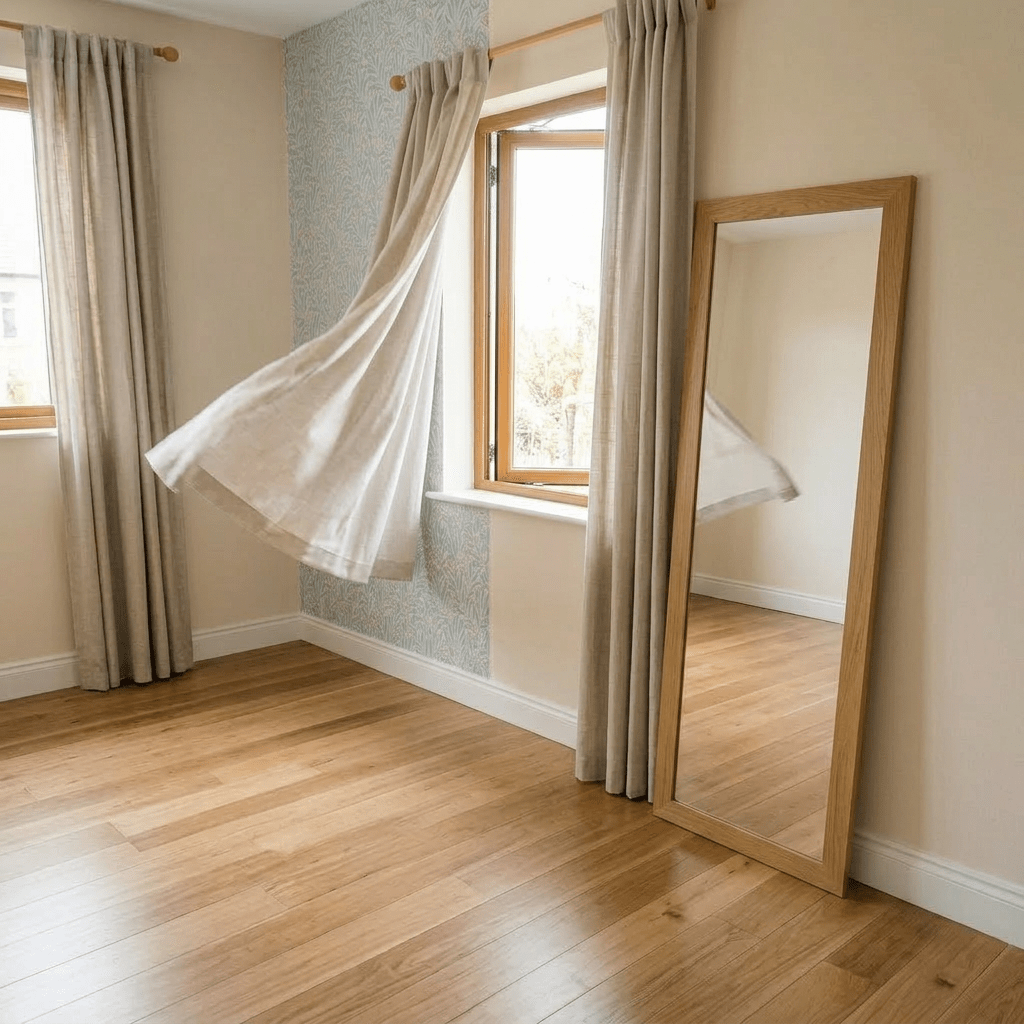 Woman standing in bedroom looking at reflection in full-length mirror