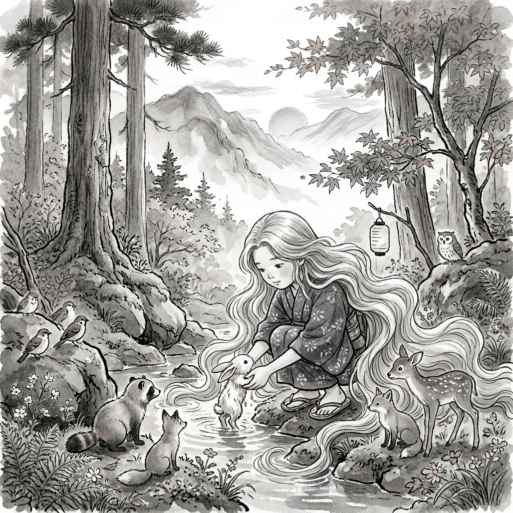 Girl in kimono holding a rabbit by stream with forest animals nearby