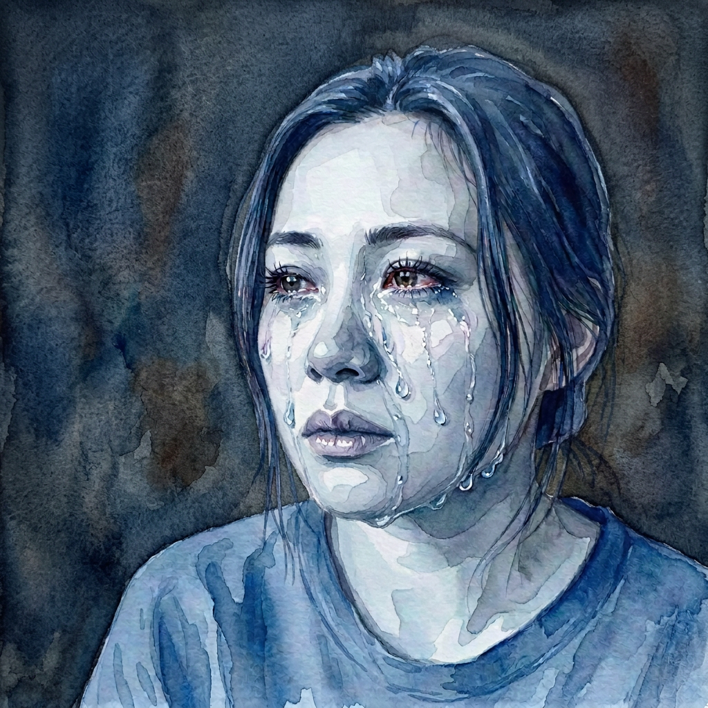Woman with tears rolling down her cheeks looking thoughtful and sad