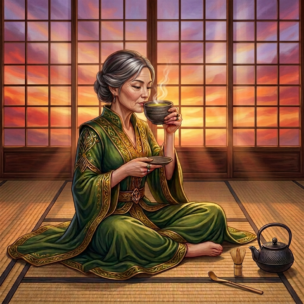 Elf-like woman drinking tea on a balcony overlooking a fantasy castle valley