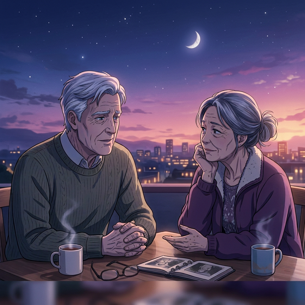 Couple talking at table with coffee, glasses, and open photo album