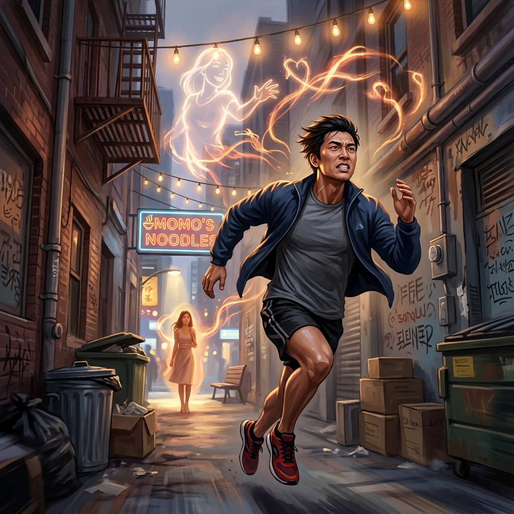 Asian man running through an alley