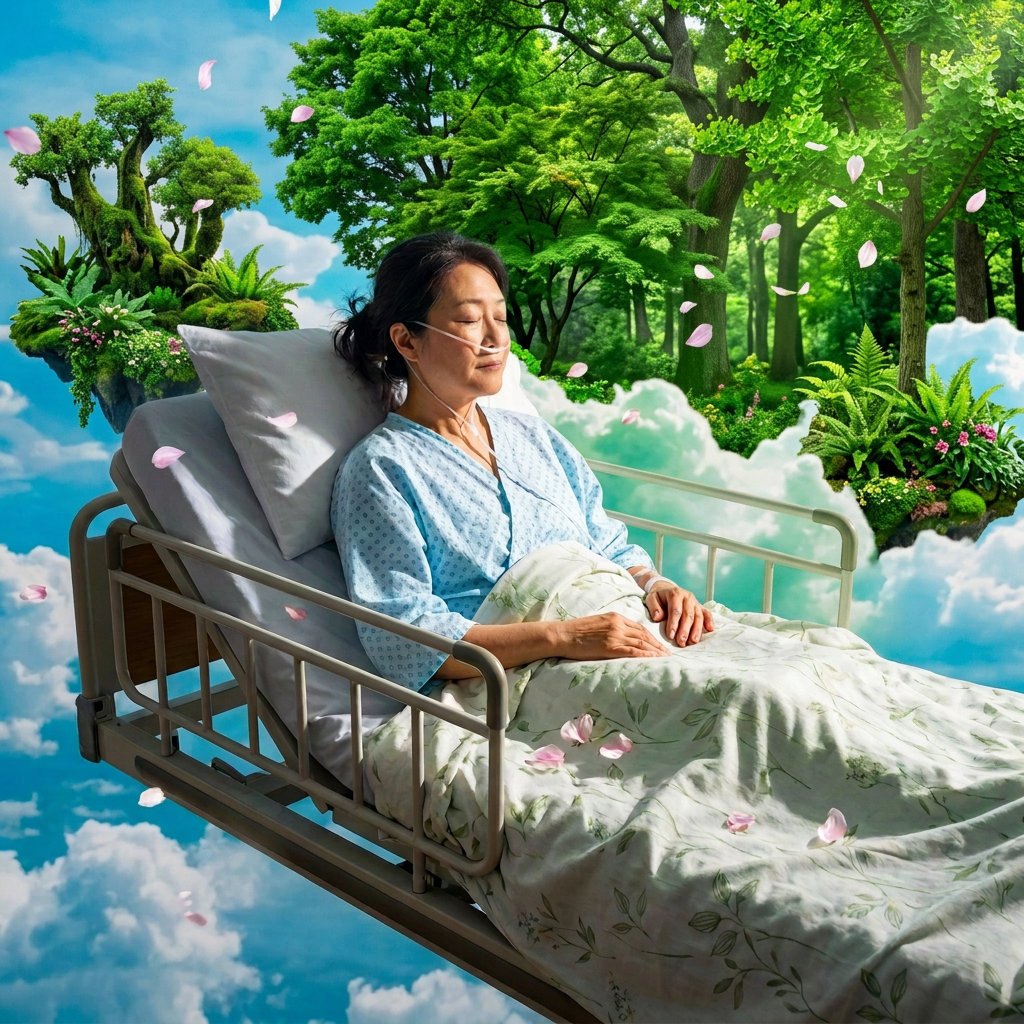 Woman resting in hospital bed with oxygen tube among clouds and flowers